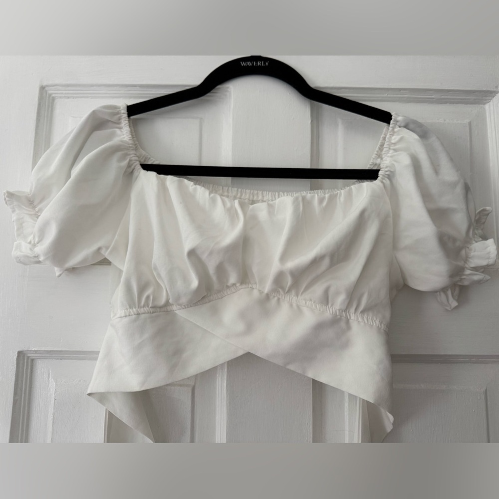 Amazon White Puff Sleeve Asymmetrical Crop Top